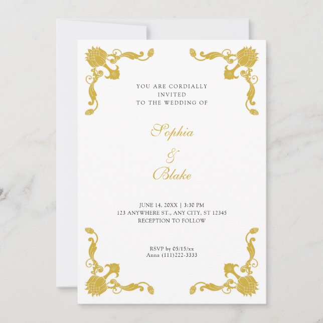 Simple Gold and White Art Deco Wedding Invitation (Front)