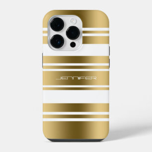 Simple Gold And White Stripes Pattern Print iPhone 14 Pro Case