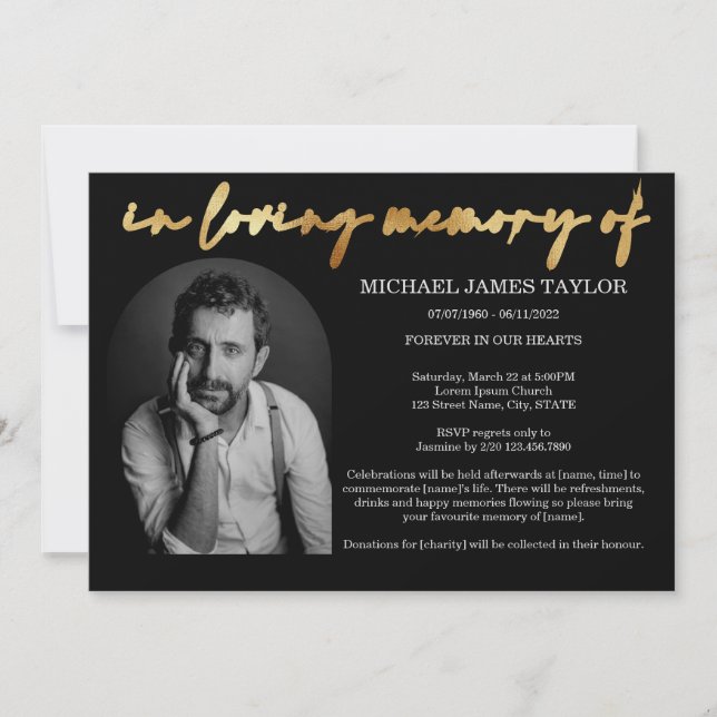 Simple Gold Arch Photo In Loving Memory Funeral  Invitation (Front)