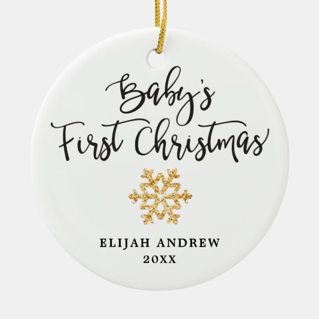 Simple Gold Baby's First Christmas Personalised Ceramic Ornament (Front)