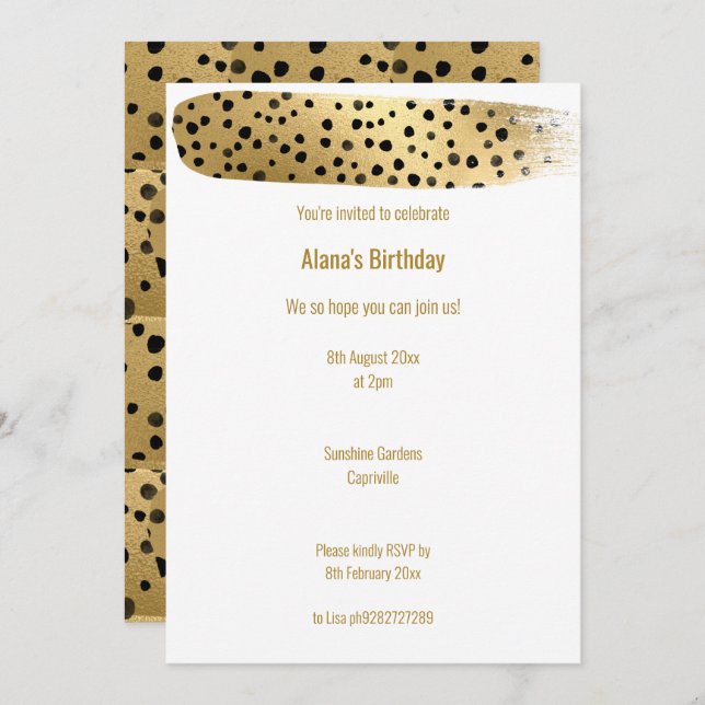 SIMPLE GOLD BLACK LEOPARD ANIMAL WHITE BIRTHDAY INVITATION (Front/Back)