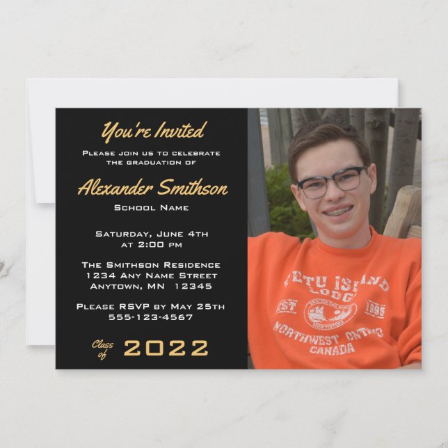 Simple Gold Black & White Graduation Photo Invitat Invitation (Front)