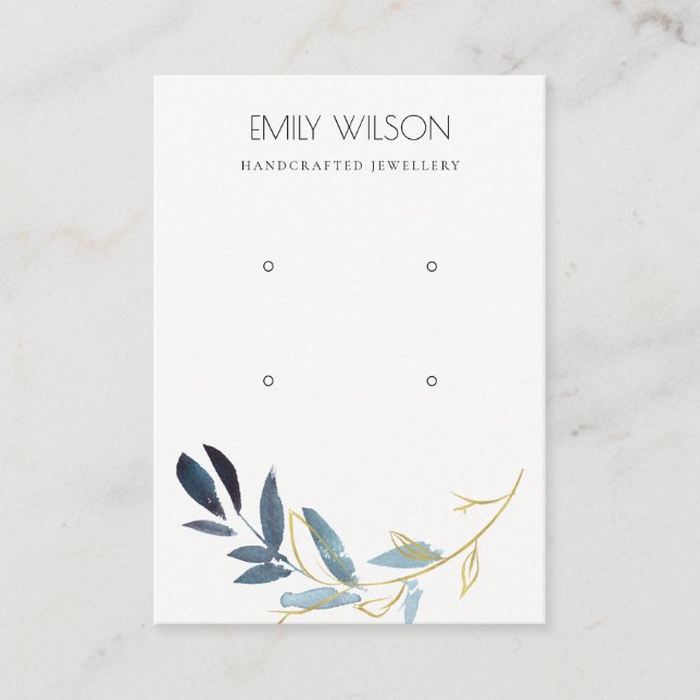 SIMPLE GOLD BLUE FOLIAGE TWO EARRING DISPLAY LOGO BUSINESS CARD (Front)