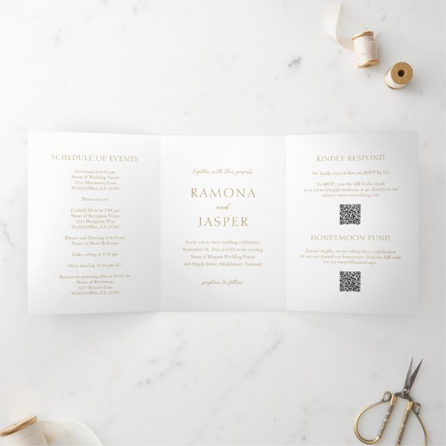 Simple Gold Bold QR Code Modern Wedding Tri-Fold Invitation (Inside)