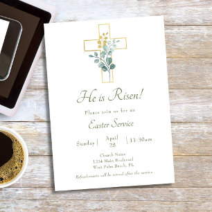 Simple Gold Botanical Cross Church Easter Service Invitation