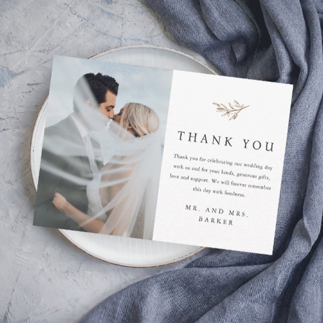 Simple Gold Branch Photo Wedding  Thank You Card (Elegant simple wedding photo thank you card with minimal greenery leaves gold branch detail.)