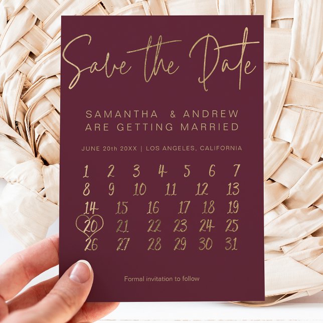 Simple gold burgundy calendar save the date announcement postcard (Creator Uploaded)