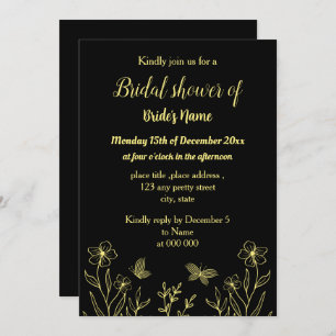 Simple gold butterflies black bridal shower invitation