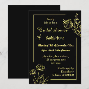 Simple gold butterflies black bridal shower invitation