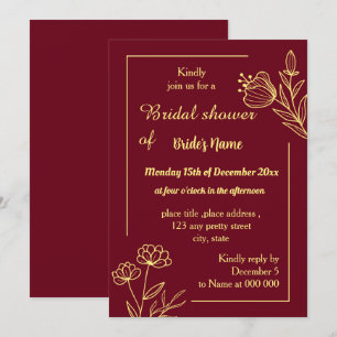 Simple gold butterflies burgundy bridal shower invitation