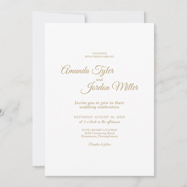 Simple Gold Calligraphy All In One Wedding Invitation (Front)