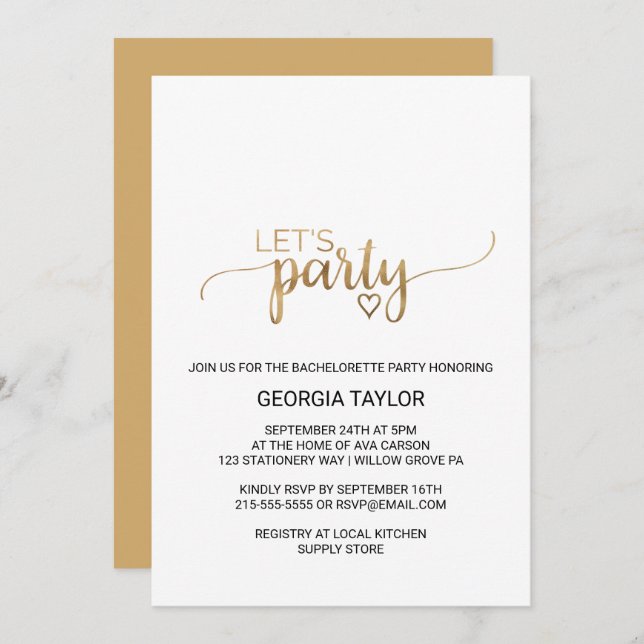 Simple Gold Calligraphy Bachelorette Party Invitation (Front/Back)