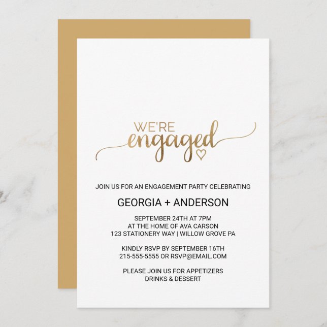 Simple Gold Calligraphy Engagement Party Invitation (Front/Back)