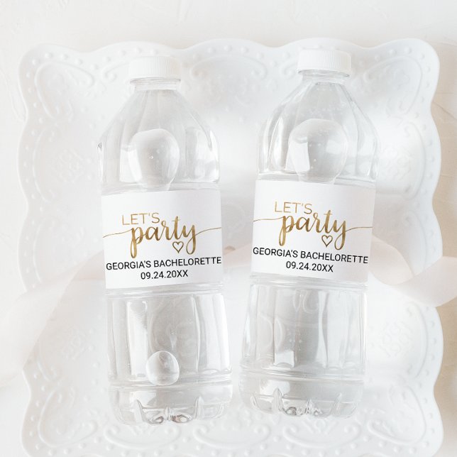 Simple Gold Calligraphy Let's Party Bachelorette Water Bottle Label (Creator Uploaded)