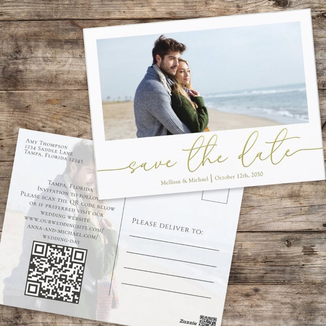 Simple Gold Calligraphy Modern Photo QR Code  Postcard (Creator Uploaded)