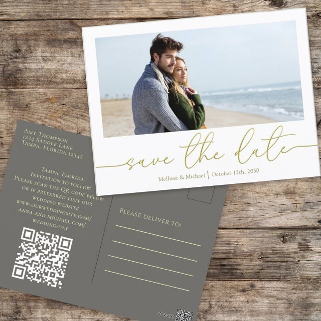 Simple Gold Calligraphy Modern Photo QR Code  Postcard (Creator Uploaded)