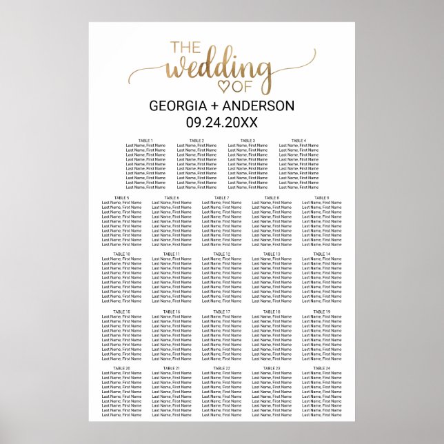 Simple Gold Calligraphy Wedding Seating Chart (Front)