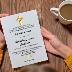 Simple Gold Christmas Eve Christian Cross Wedding Invitation