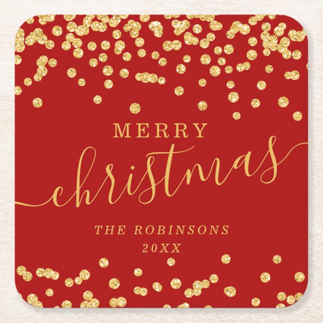 Simple GOLD Christmas Holidays Glitter Red Square Paper Coaster (Front)
