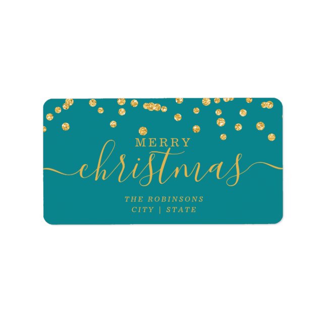 Simple GOLD Christmas Holidays Glitter Teal Label (Front)