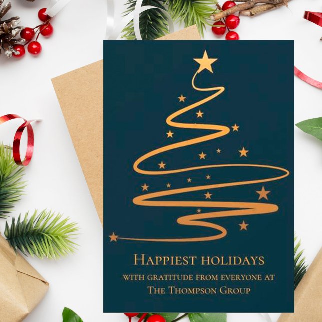 Simple Gold Christmas Tree Happy Holidays Business Holiday Card (Creator Uploaded)