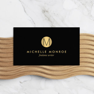 Simple Gold Circle Monogram Professional Black Business Card