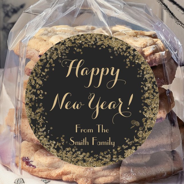 Simple Gold Confetti and Black Happy New Year Classic Round Sticker (Creator Uploaded)