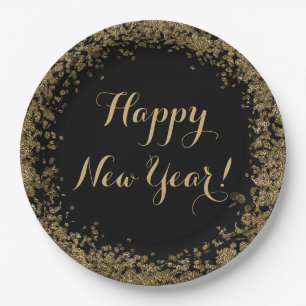 Simple Gold Confetti and Black Happy New Year Paper Plate