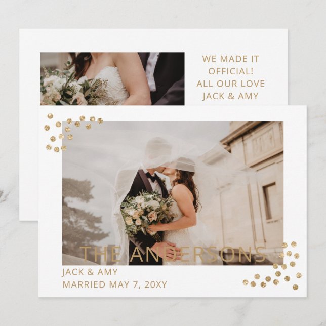 Simple Gold Confetti Photo Wedding Announcement (Front/Back)