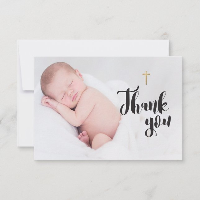 Simple Gold Cross | Baby Baptism Thank you Photo (Front)