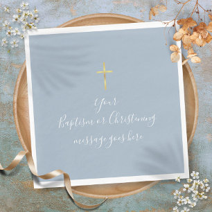Simple Gold Cross Baptism Christening Dusty Blue Napkin