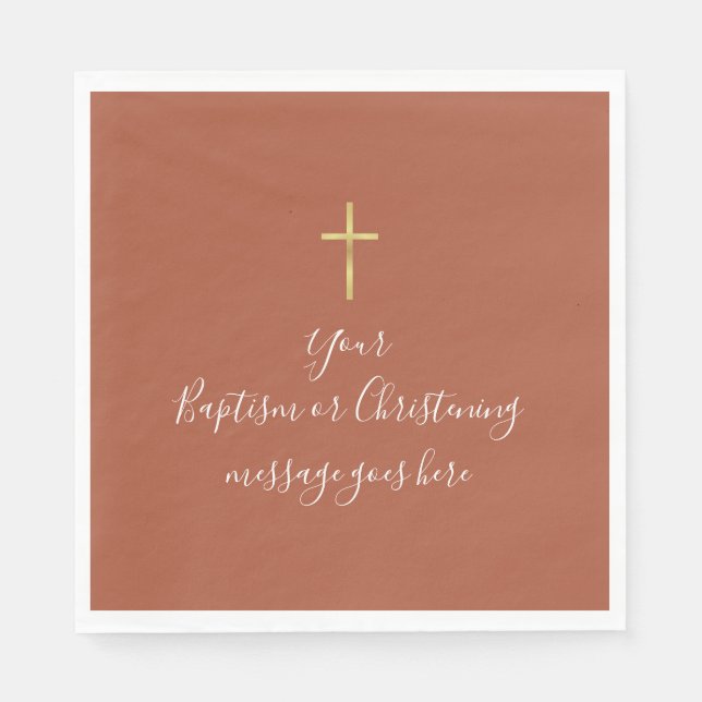 Simple Gold Cross Baptism Christening Terracotta Napkin (Front)
