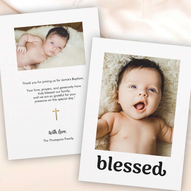 Simple gold cross Custom photos Blessed Baptism Thank You Card (Blessed Baptism Thank you photo cards.)