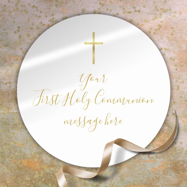 Simple Gold Cross First Holy Communion Message Classic Round Sticker (Simple Gold Cross First Holy Communion Message Classic Round Sticker)