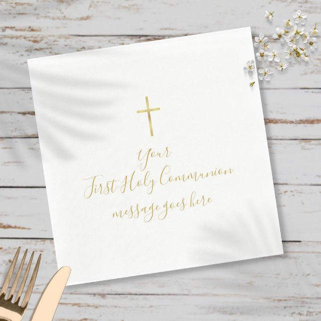 Simple Gold Cross First Holy Communion Message Napkin (Creator Uploaded)