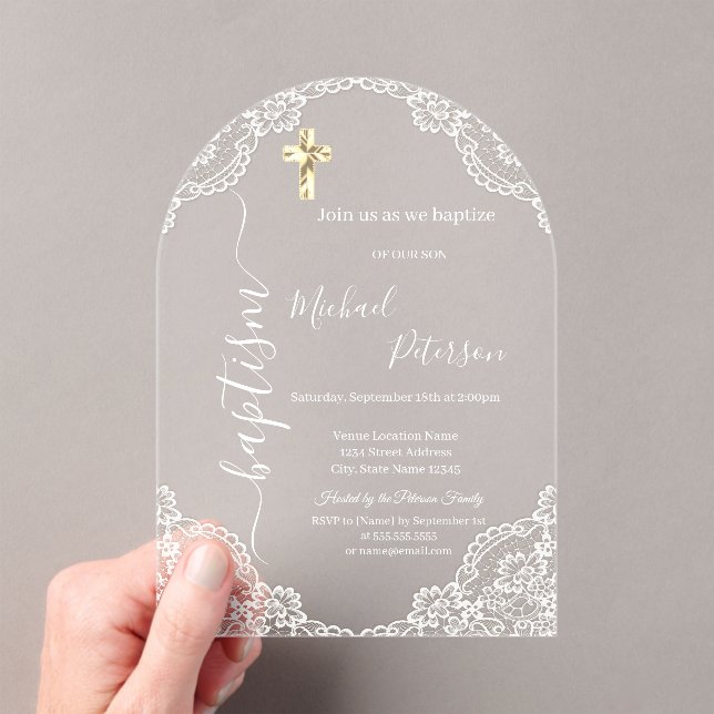 Simple Gold Cross Lace Baptism Dusty Blue Acrylic Invitations (Insitu (Handheld))