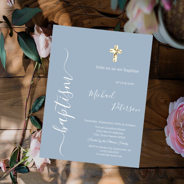 Simple Gold Cross Minimalist Baptism Dusty Blue Invitation (Creator Uploaded)