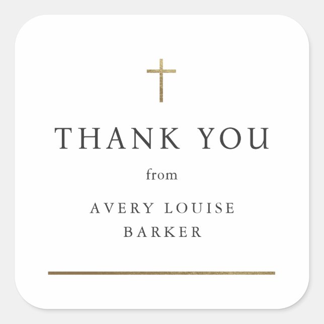 Simple Gold Cross Photo Baptism Thank You Favour  Square Sticker (Front)