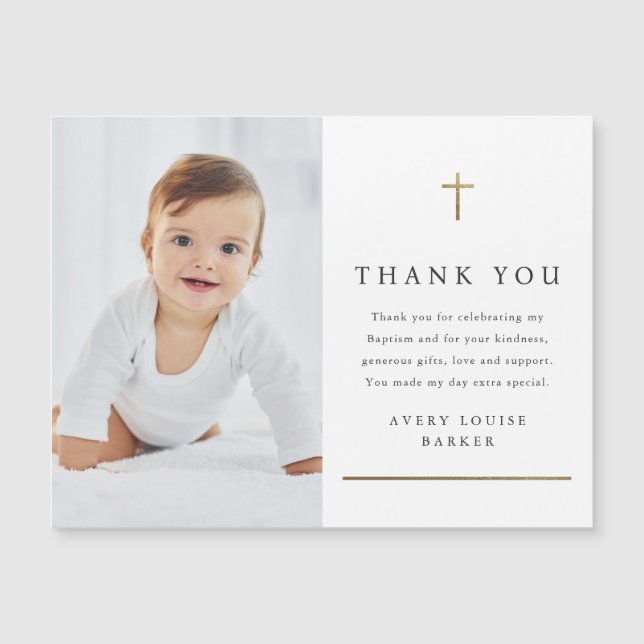 Simple Gold Cross Photo Baptism Thank You Magnet (Front)