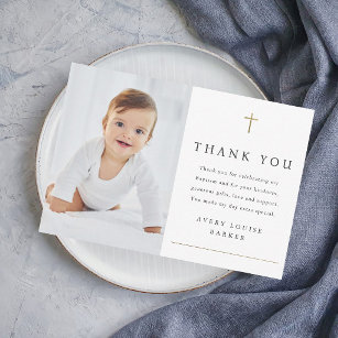 Simple Gold Cross Photo Religious Baptism Thank You Card