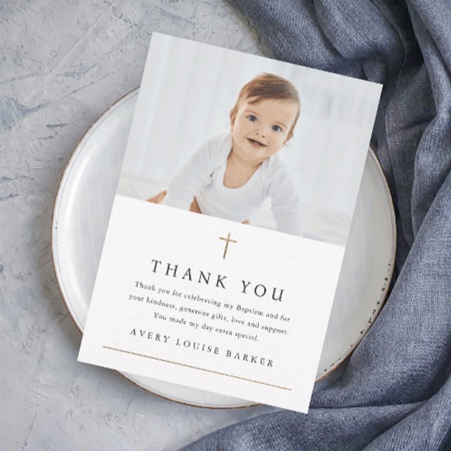 Simple Gold Cross Photo Religious Baptism Thank You Card (Elegant simple photo baptism thank you card with gold accents and minimalist typography.)