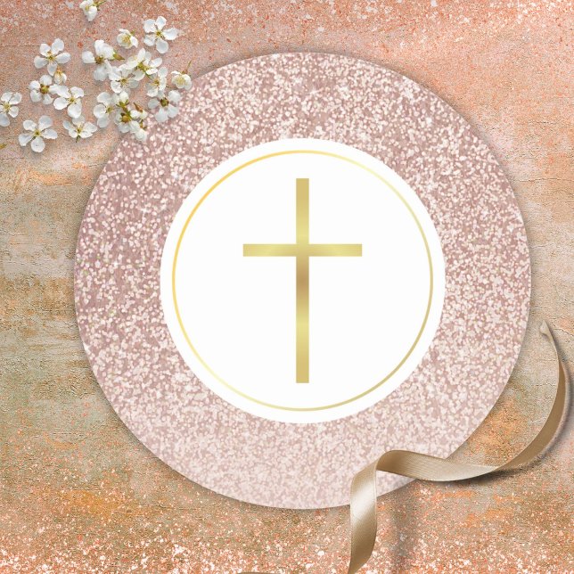 Simple Gold Cross Rose Gold Glitter Classic Round Sticker (Simple Gold Cross Rose Gold Glitter Classic Round Sticker)