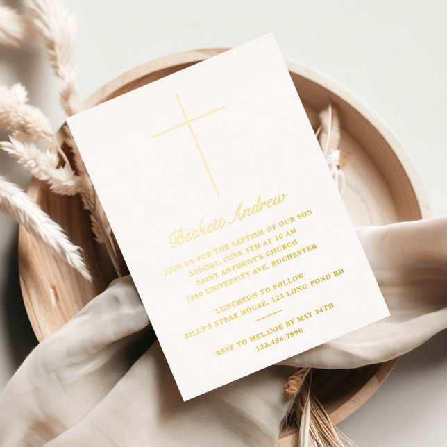 Simple Gold Cross Script Baptism (Elegant, simple real gold pressed foil baptism, christening or first holy communion inivitations. )