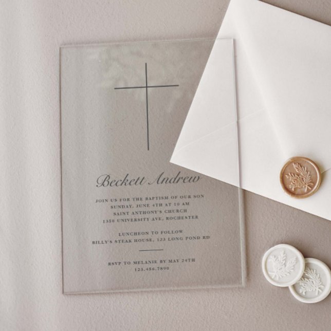 Simple Gold Cross Script Baptism Acrylic Invitations (Elegant, simple cross minimal acrylic baptism invitations.)