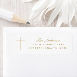 Simple Gold Cross Script Baptism Return Address Label