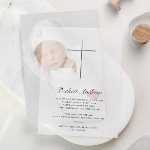 Simple Gold Cross Script Baptism Vellum Invitations