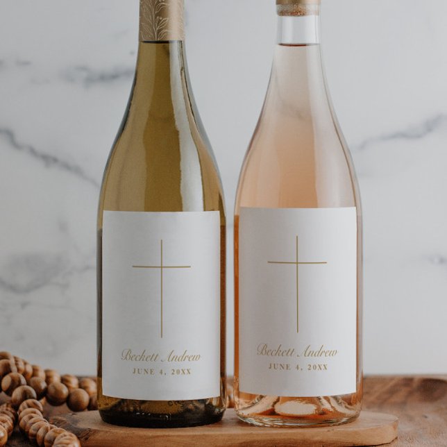 Simple Gold Cross Script Baptism Wine Label (Simple gold cross script baptism wine or champagne labels.)