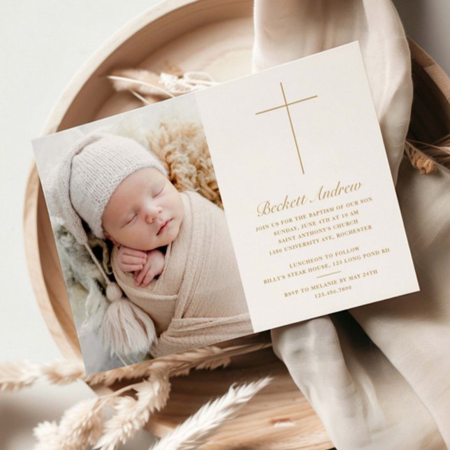Simple Gold Cross Script Photo Baptism Invitation (Elegant, simple cross photo baptism invitations.)