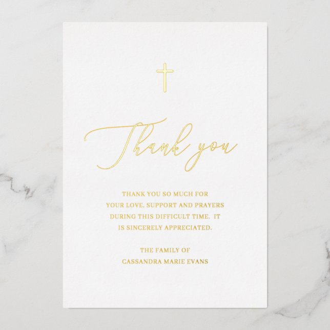 Simple Gold Cross Sympathy Funeral Thank You Card (Front)