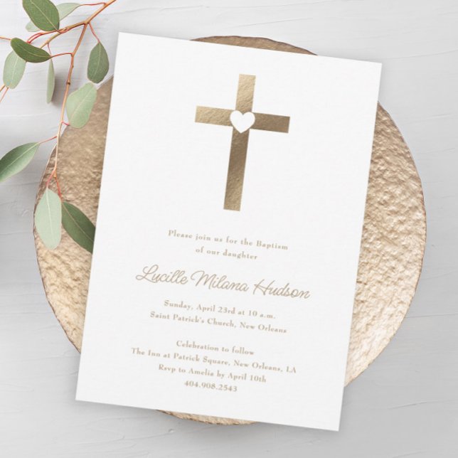 Simple Gold Cross with Heart Baptism Invitation (Simple gold cross with heart neutral baptism invitation.)
